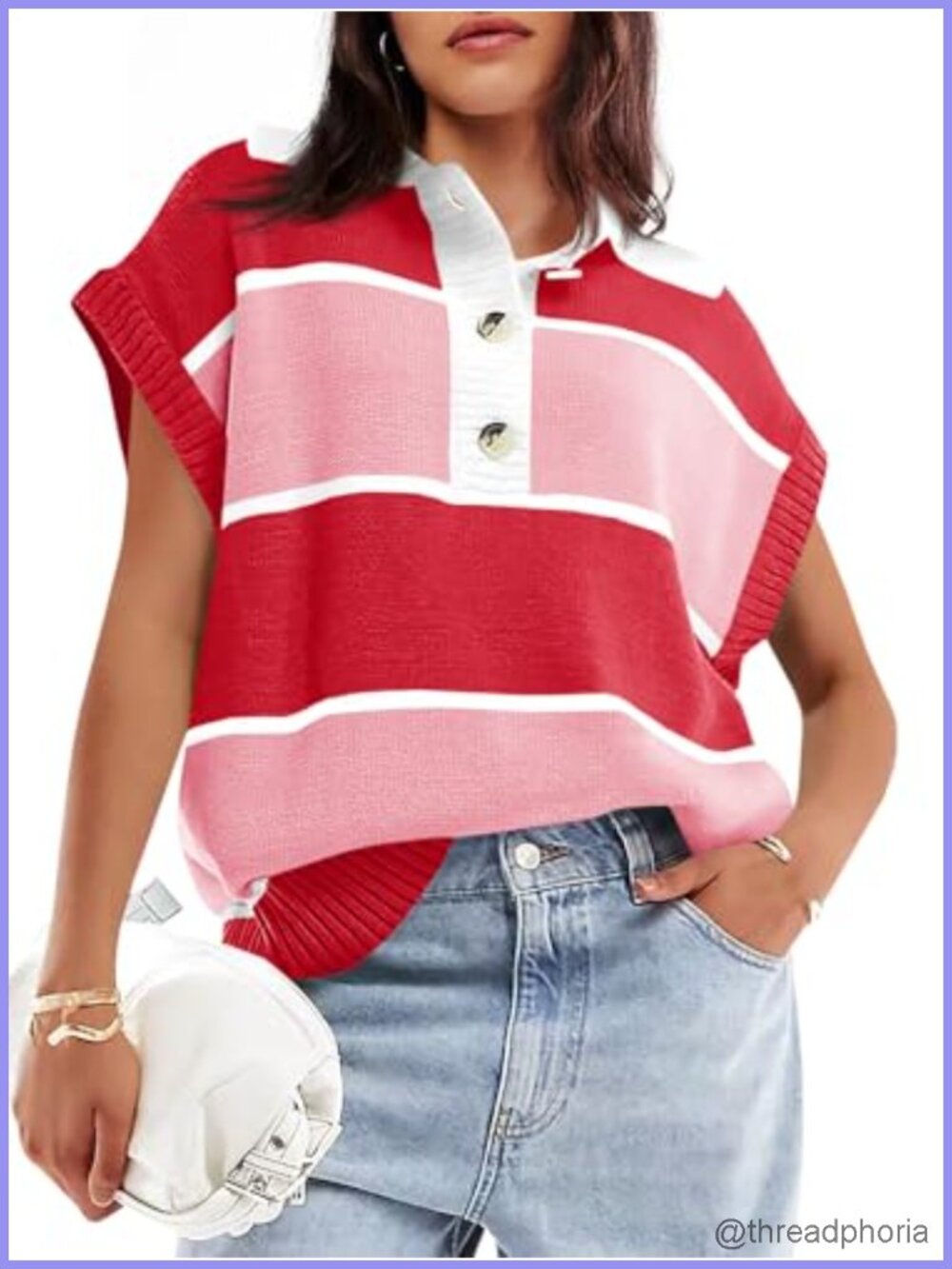 Women's Striped V-Neck Collared Button Down Knit Sweater